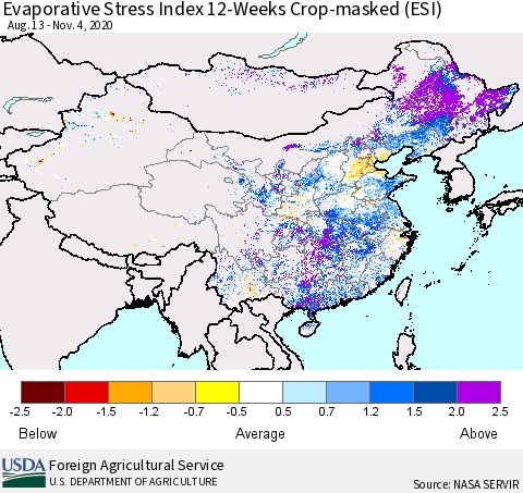 China, Mongolia and Taiwan Evaporative Stress Index (ESI), 12-Weeks over Croplands Thematic Map For 11/2/2020 - 11/8/2020