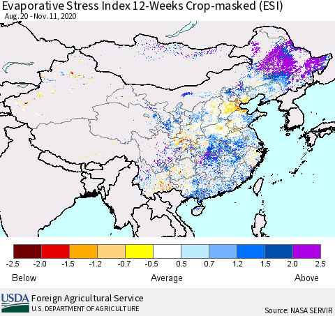 China, Mongolia and Taiwan Evaporative Stress Index (ESI), 12-Weeks over Croplands Thematic Map For 11/9/2020 - 11/15/2020