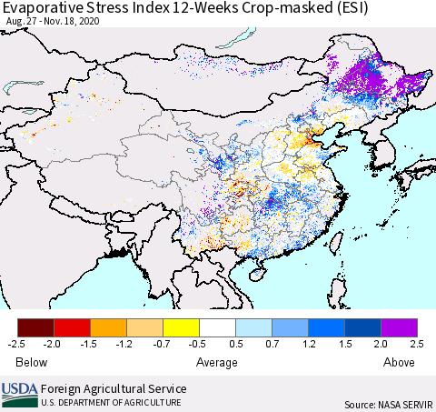 China, Mongolia and Taiwan Evaporative Stress Index (ESI), 12-Weeks over Croplands Thematic Map For 11/16/2020 - 11/22/2020