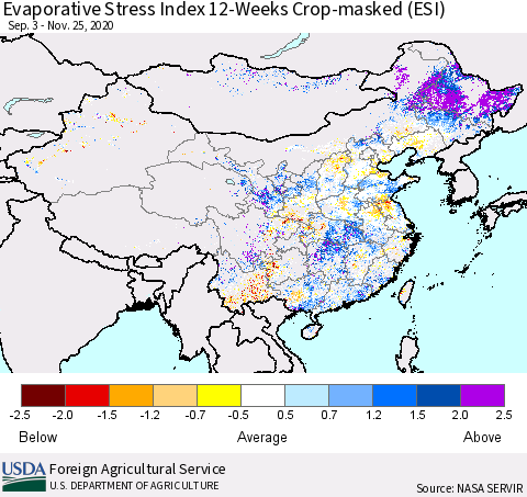 China, Mongolia and Taiwan Evaporative Stress Index (ESI), 12-Weeks over Croplands Thematic Map For 11/23/2020 - 11/29/2020