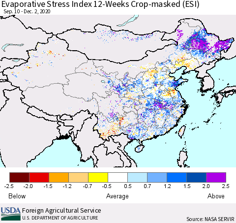 China, Mongolia and Taiwan Evaporative Stress Index (ESI), 12-Weeks over Croplands Thematic Map For 11/30/2020 - 12/6/2020