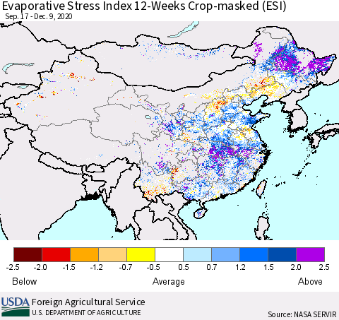 China, Mongolia and Taiwan Evaporative Stress Index (ESI), 12-Weeks over Croplands Thematic Map For 12/7/2020 - 12/13/2020