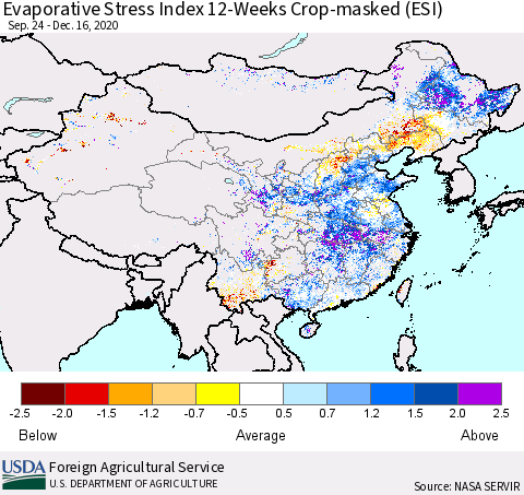 China, Mongolia and Taiwan Evaporative Stress Index (ESI), 12-Weeks over Croplands Thematic Map For 12/14/2020 - 12/20/2020