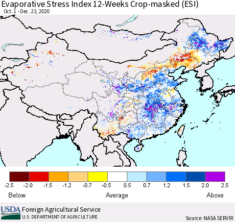 China, Mongolia and Taiwan Evaporative Stress Index (ESI), 12-Weeks over Croplands Thematic Map For 12/21/2020 - 12/27/2020
