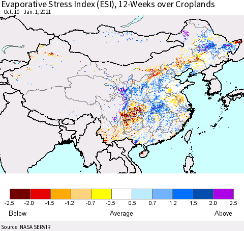 China, Mongolia and Taiwan Evaporative Stress Index (ESI), 12-Weeks over Croplands Thematic Map For 12/28/2020 - 1/3/2021