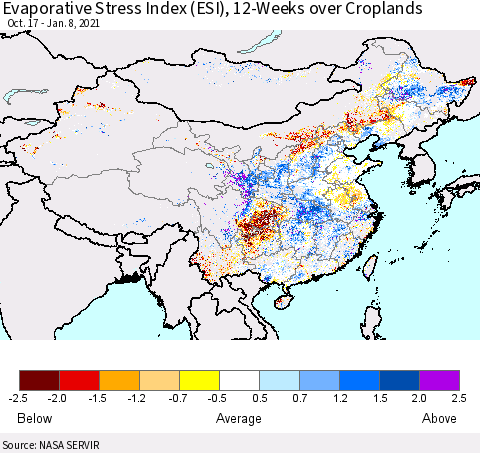 China, Mongolia and Taiwan Evaporative Stress Index (ESI), 12-Weeks over Croplands Thematic Map For 1/4/2021 - 1/10/2021