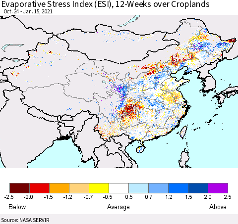 China, Mongolia and Taiwan Evaporative Stress Index (ESI), 12-Weeks over Croplands Thematic Map For 1/11/2021 - 1/17/2021