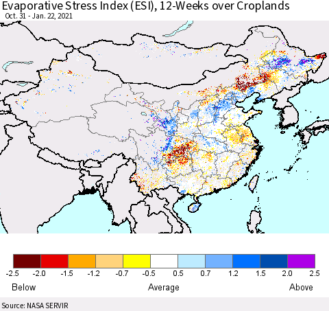 China, Mongolia and Taiwan Evaporative Stress Index (ESI), 12-Weeks over Croplands Thematic Map For 1/18/2021 - 1/24/2021
