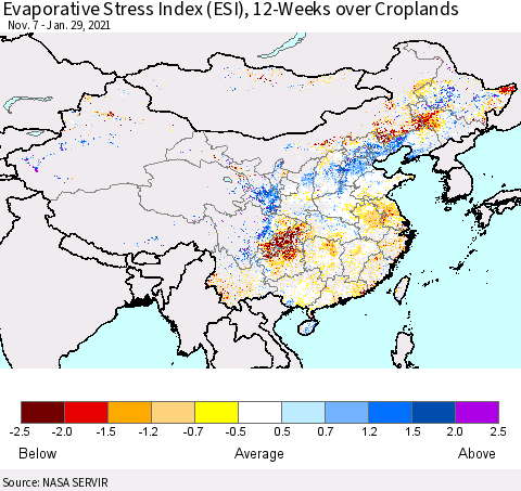 China, Mongolia and Taiwan Evaporative Stress Index (ESI), 12-Weeks over Croplands Thematic Map For 1/25/2021 - 1/31/2021