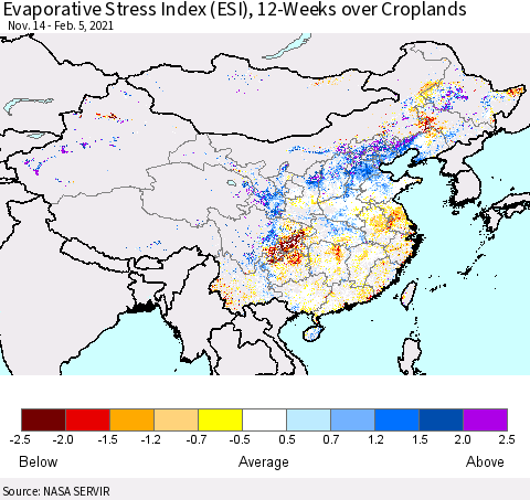 China, Mongolia and Taiwan Evaporative Stress Index (ESI), 12-Weeks over Croplands Thematic Map For 2/1/2021 - 2/7/2021