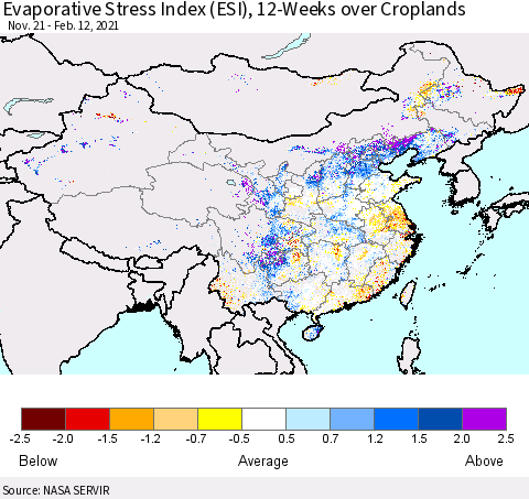 China, Mongolia and Taiwan Evaporative Stress Index (ESI), 12-Weeks over Croplands Thematic Map For 2/8/2021 - 2/14/2021