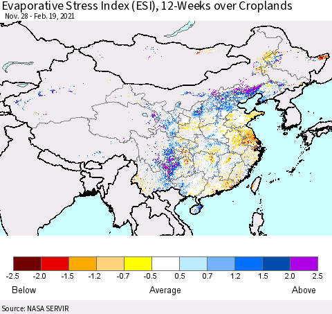 China, Mongolia and Taiwan Evaporative Stress Index (ESI), 12-Weeks over Croplands Thematic Map For 2/15/2021 - 2/21/2021