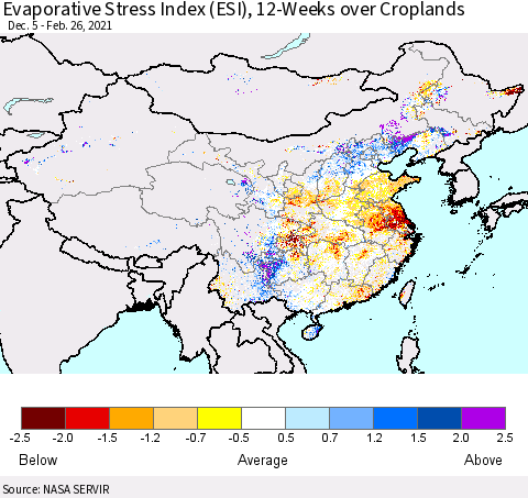 China, Mongolia and Taiwan Evaporative Stress Index (ESI), 12-Weeks over Croplands Thematic Map For 2/22/2021 - 2/28/2021