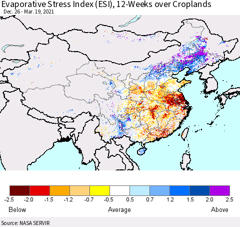 China, Mongolia and Taiwan Evaporative Stress Index (ESI), 12-Weeks over Croplands Thematic Map For 3/15/2021 - 3/21/2021