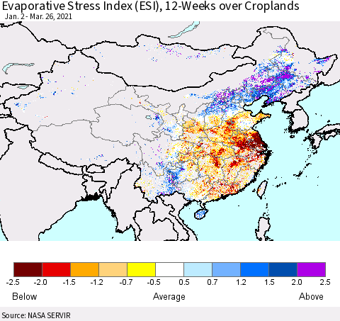 China and Taiwan Evaporative Stress Index 12-Weeks Crop-masked (ESI) Thematic Map For 3/22/2021 - 3/28/2021