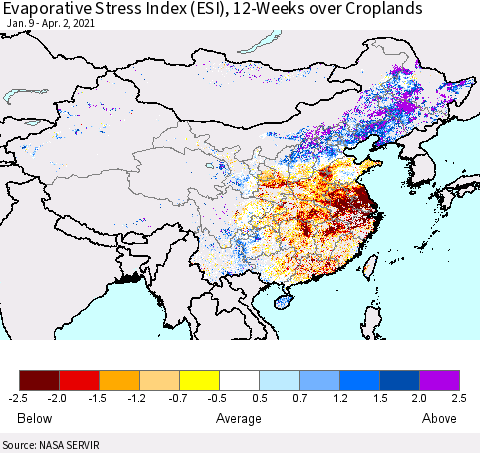 China, Mongolia and Taiwan Evaporative Stress Index (ESI), 12-Weeks over Croplands Thematic Map For 3/29/2021 - 4/4/2021