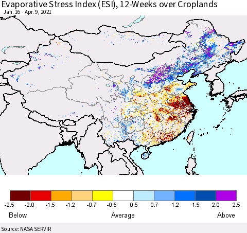 China and Taiwan Evaporative Stress Index 12-Weeks Crop-masked (ESI) Thematic Map For 4/5/2021 - 4/11/2021