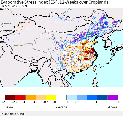 China and Taiwan Evaporative Stress Index 12-Weeks Crop-masked (ESI) Thematic Map For 4/12/2021 - 4/18/2021