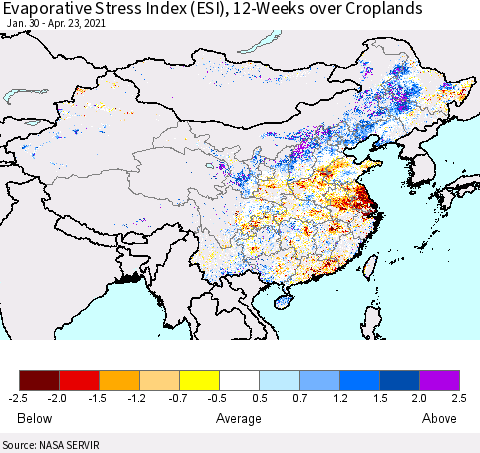 China, Mongolia and Taiwan Evaporative Stress Index (ESI), 12-Weeks over Croplands Thematic Map For 4/19/2021 - 4/25/2021