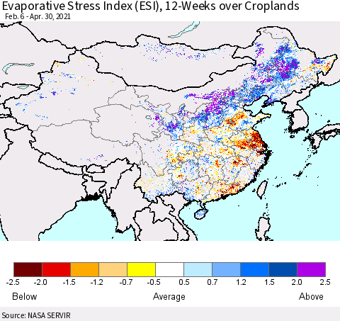 China and Taiwan Evaporative Stress Index 12-Weeks Crop-masked (ESI) Thematic Map For 4/26/2021 - 5/2/2021
