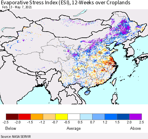 China, Mongolia and Taiwan Evaporative Stress Index (ESI), 12-Weeks over Croplands Thematic Map For 5/3/2021 - 5/9/2021