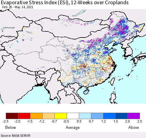 China, Mongolia and Taiwan Evaporative Stress Index (ESI), 12-Weeks over Croplands Thematic Map For 5/10/2021 - 5/16/2021