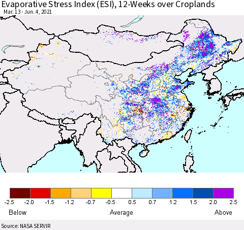 China, Mongolia and Taiwan Evaporative Stress Index (ESI), 12-Weeks over Croplands Thematic Map For 5/31/2021 - 6/6/2021