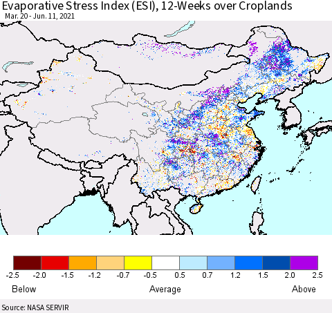 China, Mongolia and Taiwan Evaporative Stress Index (ESI), 12-Weeks over Croplands Thematic Map For 6/7/2021 - 6/13/2021