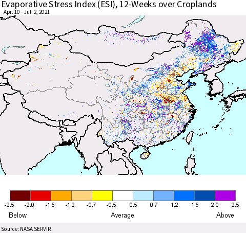 China and Taiwan Evaporative Stress Index 12-Weeks Crop-masked (ESI) Thematic Map For 6/28/2021 - 7/4/2021