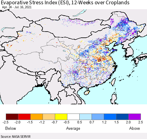 China and Taiwan Evaporative Stress Index 12-Weeks Crop-masked (ESI) Thematic Map For 7/12/2021 - 7/18/2021