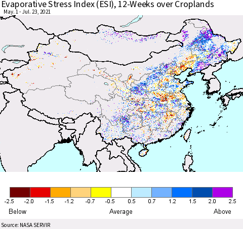 China and Taiwan Evaporative Stress Index 12-Weeks Crop-masked (ESI) Thematic Map For 7/19/2021 - 7/25/2021