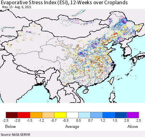 China and Taiwan Evaporative Stress Index 12-Weeks Crop-masked (ESI) Thematic Map For 8/2/2021 - 8/8/2021