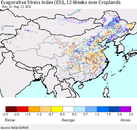 China and Taiwan Evaporative Stress Index 12-Weeks Crop-masked (ESI) Thematic Map For 8/9/2021 - 8/15/2021