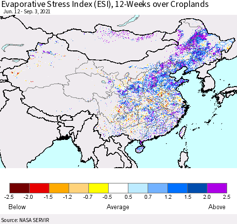 China and Taiwan Evaporative Stress Index 12-Weeks Crop-masked (ESI) Thematic Map For 8/30/2021 - 9/5/2021