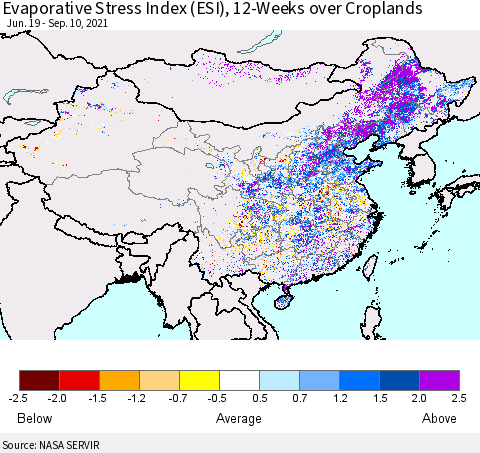China and Taiwan Evaporative Stress Index 12-Weeks Crop-masked (ESI) Thematic Map For 9/6/2021 - 9/12/2021