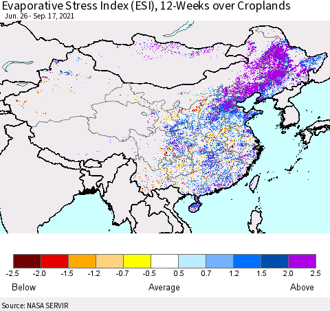 China and Taiwan Evaporative Stress Index 12-Weeks Crop-masked (ESI) Thematic Map For 9/13/2021 - 9/19/2021