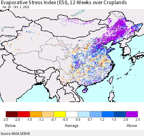 China, Mongolia and Taiwan Evaporative Stress Index (ESI), 12-Weeks over Croplands Thematic Map For 9/27/2021 - 10/3/2021