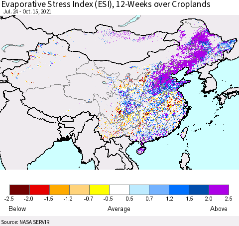 China and Taiwan Evaporative Stress Index 12-Weeks Crop-masked (ESI) Thematic Map For 10/11/2021 - 10/17/2021
