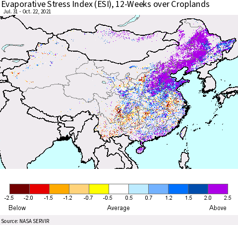 China and Taiwan Evaporative Stress Index 12-Weeks Crop-masked (ESI) Thematic Map For 10/18/2021 - 10/24/2021