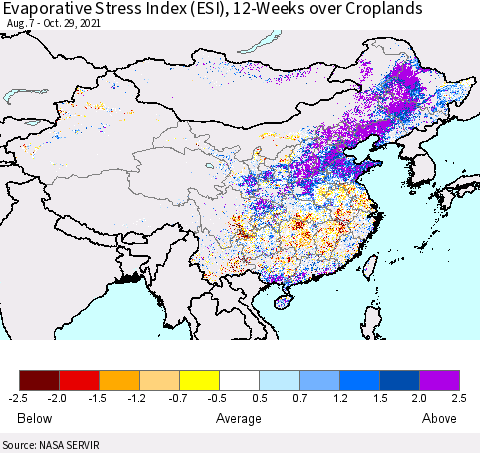 China and Taiwan Evaporative Stress Index 12-Weeks Crop-masked (ESI) Thematic Map For 10/25/2021 - 10/31/2021