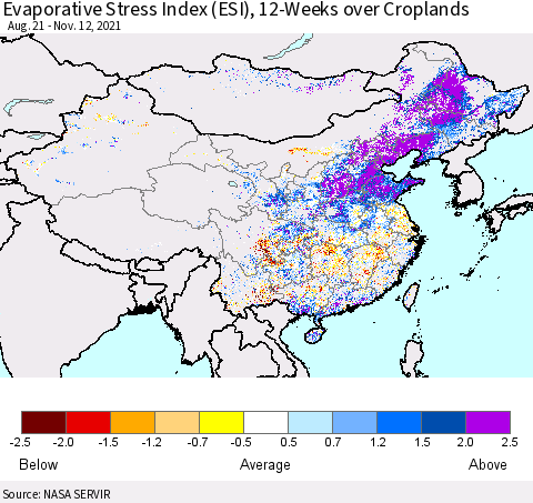 China, Mongolia and Taiwan Evaporative Stress Index (ESI), 12-Weeks over Croplands Thematic Map For 11/8/2021 - 11/14/2021