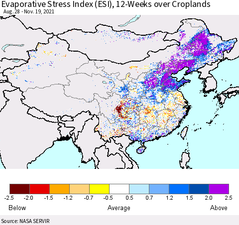 China, Mongolia and Taiwan Evaporative Stress Index (ESI), 12-Weeks over Croplands Thematic Map For 11/15/2021 - 11/21/2021