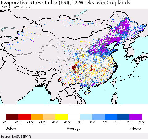China, Mongolia and Taiwan Evaporative Stress Index (ESI), 12-Weeks over Croplands Thematic Map For 11/22/2021 - 11/28/2021