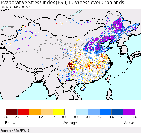 China, Mongolia and Taiwan Evaporative Stress Index (ESI), 12-Weeks over Croplands Thematic Map For 12/6/2021 - 12/12/2021