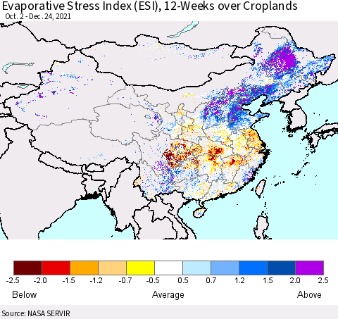 China, Mongolia and Taiwan Evaporative Stress Index (ESI), 12-Weeks over Croplands Thematic Map For 12/20/2021 - 12/26/2021