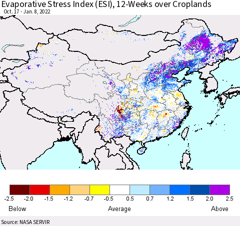 China, Mongolia and Taiwan Evaporative Stress Index (ESI), 12-Weeks over Croplands Thematic Map For 1/3/2022 - 1/9/2022