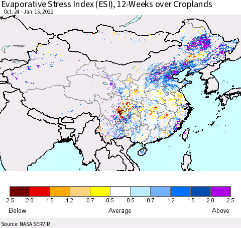China, Mongolia and Taiwan Evaporative Stress Index (ESI), 12-Weeks over Croplands Thematic Map For 1/10/2022 - 1/16/2022