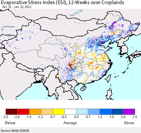 China, Mongolia and Taiwan Evaporative Stress Index (ESI), 12-Weeks over Croplands Thematic Map For 1/17/2022 - 1/23/2022