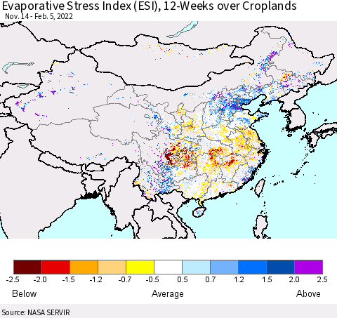 China, Mongolia and Taiwan Evaporative Stress Index (ESI), 12-Weeks over Croplands Thematic Map For 1/31/2022 - 2/6/2022