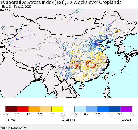 China, Mongolia and Taiwan Evaporative Stress Index (ESI), 12-Weeks over Croplands Thematic Map For 2/7/2022 - 2/13/2022